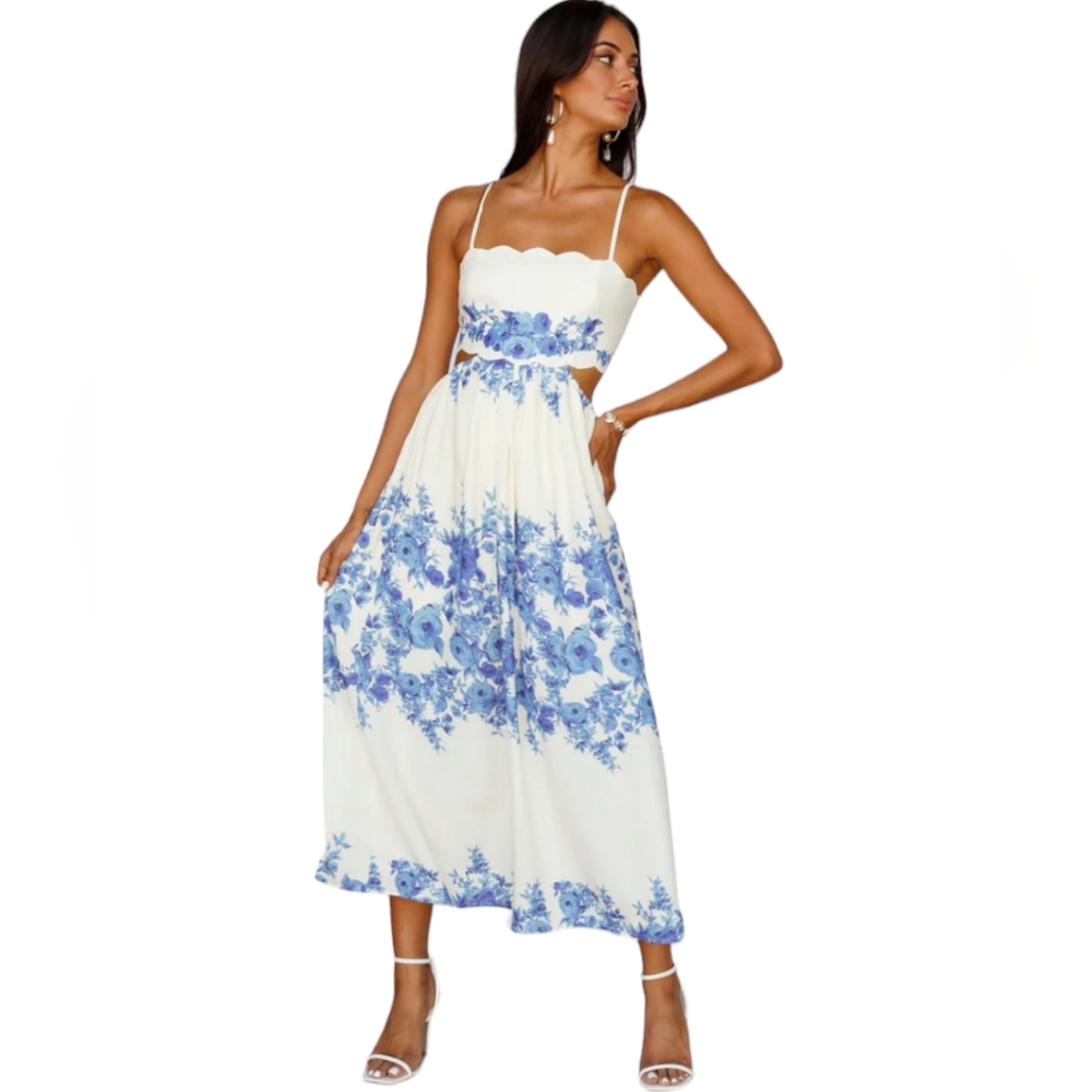 Nwt WHOIAM Aussie Design Creme/Blue Floral Lace up Bodice Elastic Midi S…